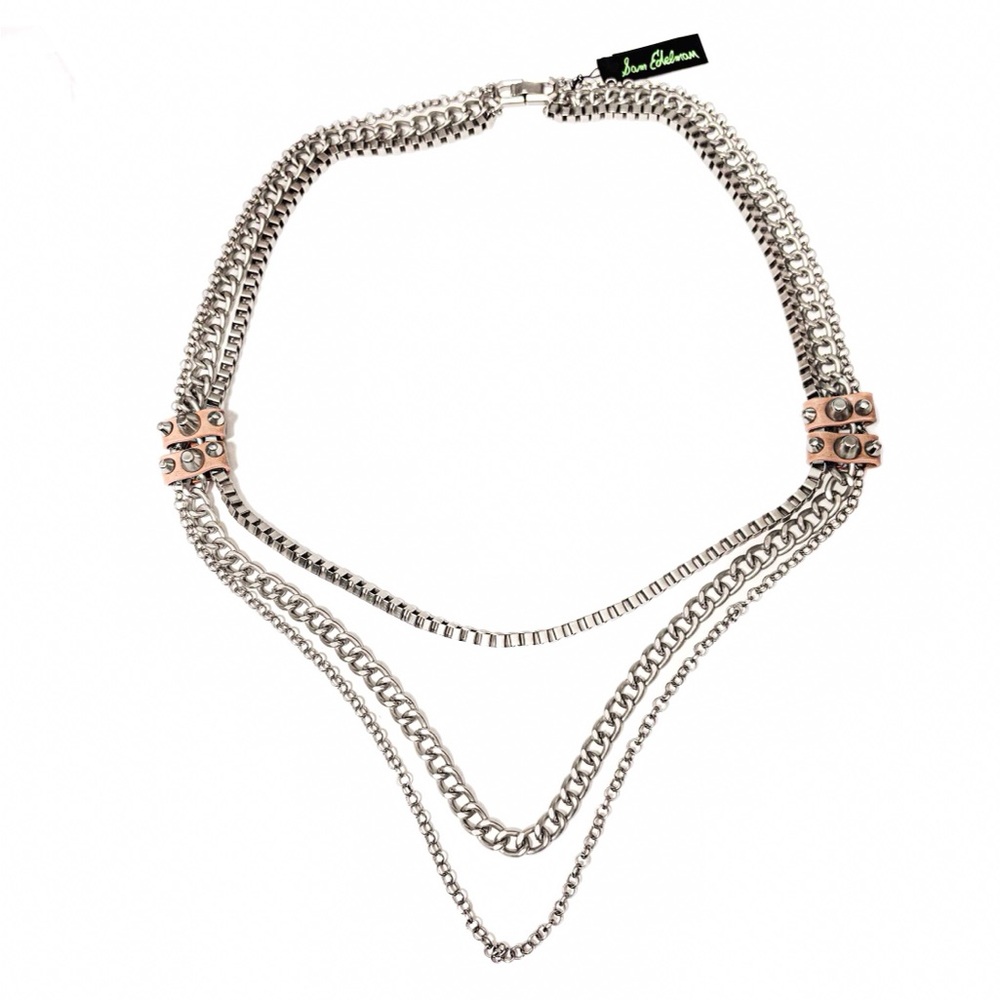 NEW - Sam Edelman Edgy Silver Multi-Chain Necklace w Leather Accents & Studs 30"